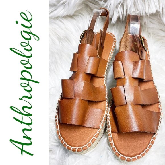 NWOT ANTHROPOLOGIE Brown Leather Platform Fisherman Sandals Espadrilles, Size 41 - Picture 3 of 10